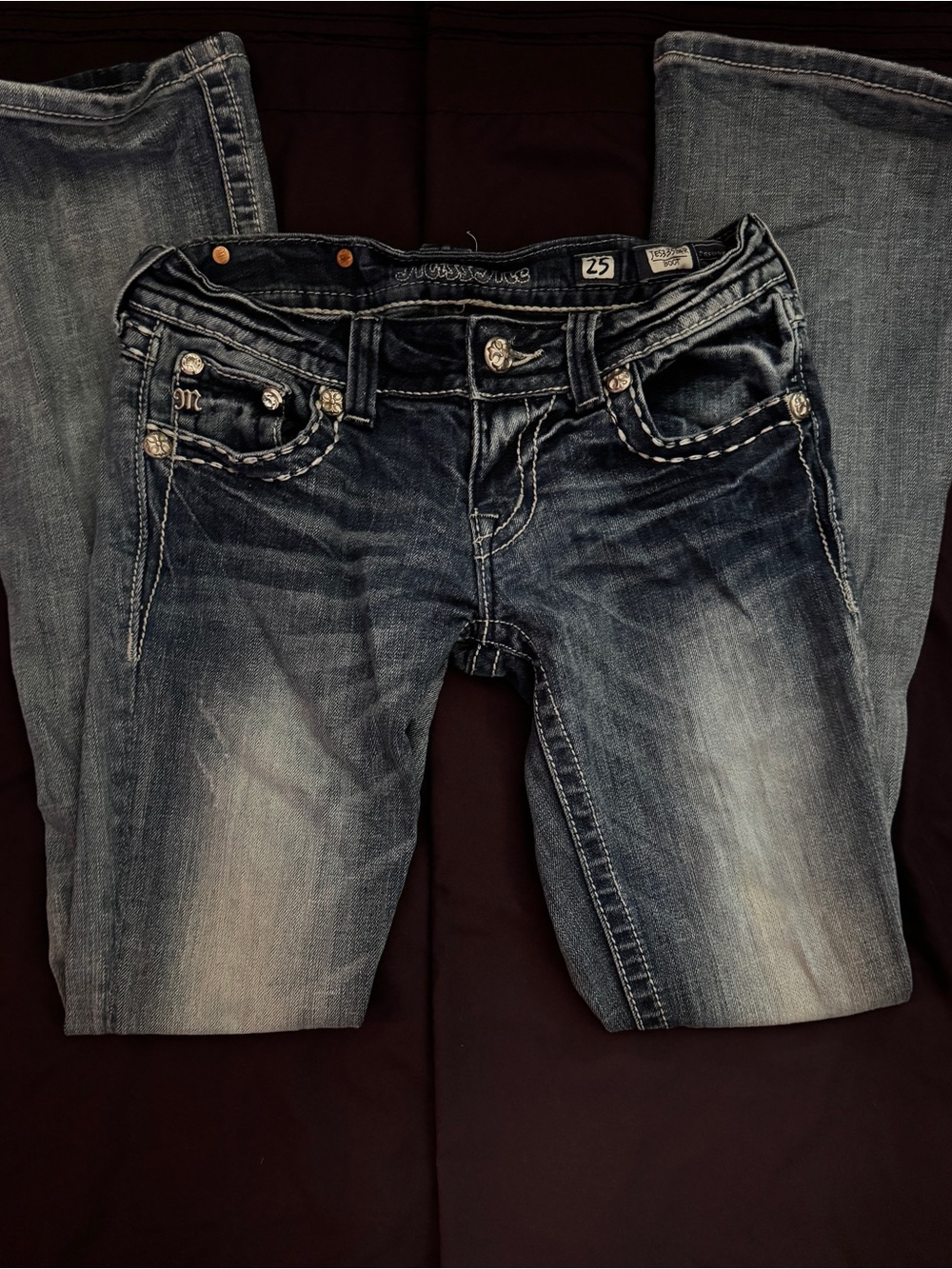 Miss Me Women's Faded Dark Blue Bootcut Jeans with Embellished Pockets